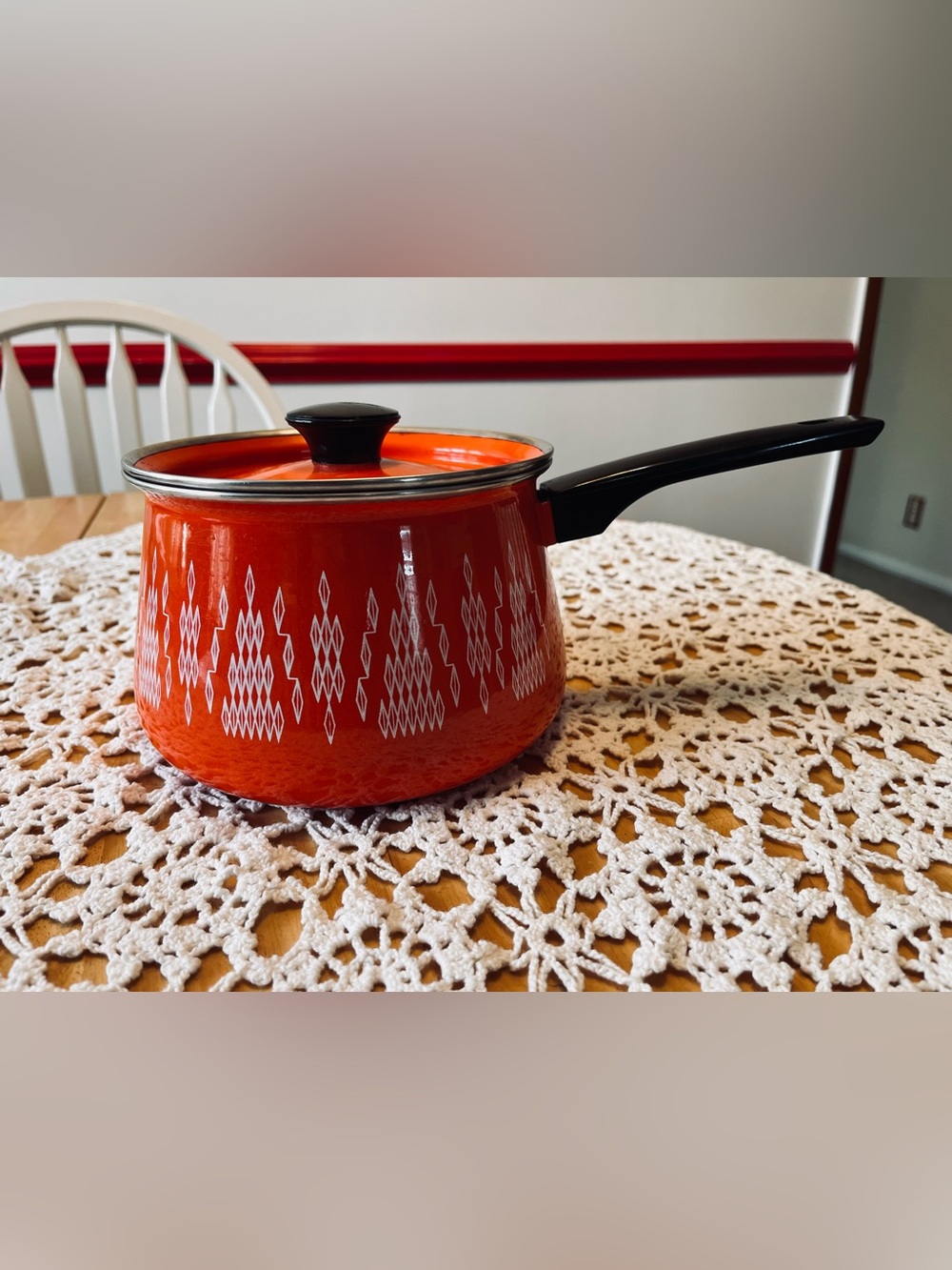 Vintage MCM Flame Orange enamel saucepan with lid